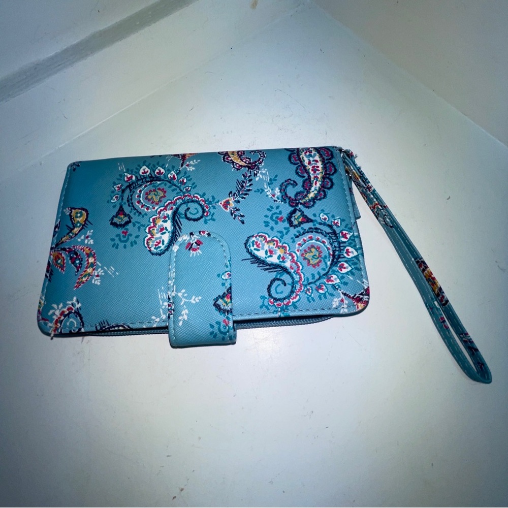 Elegant Safe Keeper Sky Blue Paisley Print Full Size Wallet Wristlet